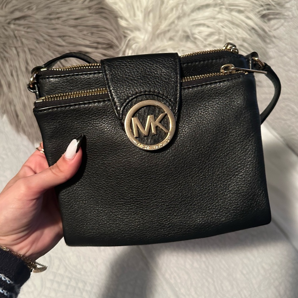 Michael Kors Black Fulton Double Zipper Crossbody Gold Hardware